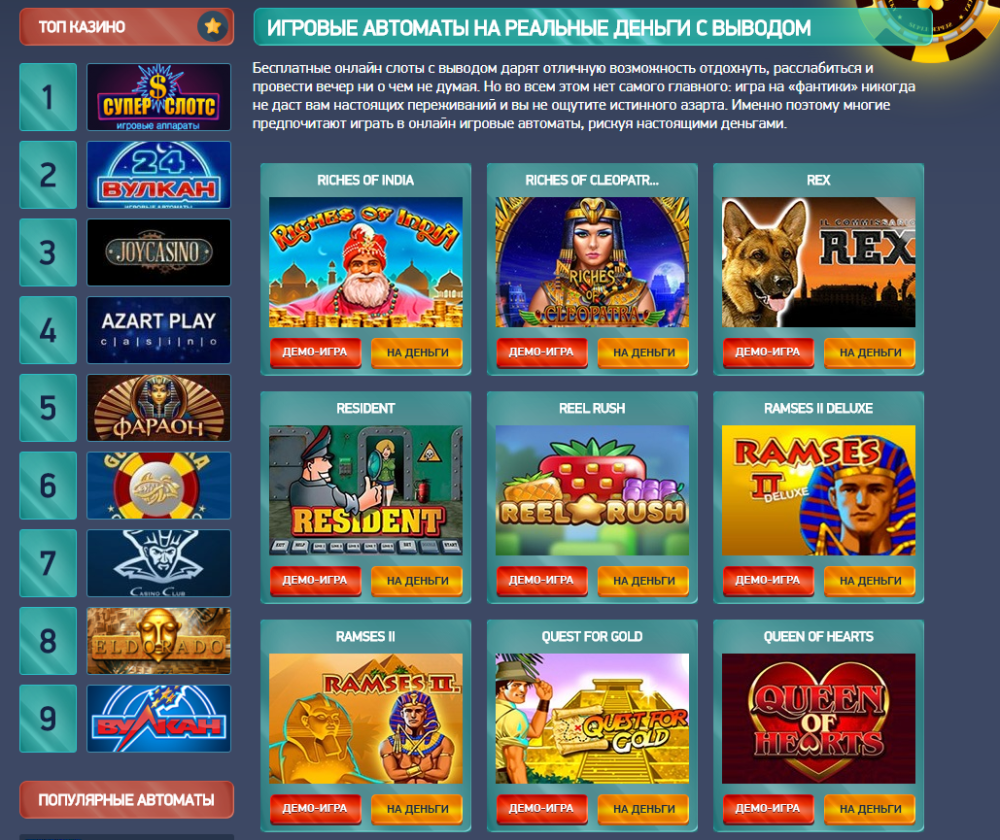 Игровые автоматы онлайн на реальные деньги